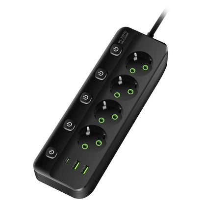 EU-Stecker-Steckdosenleiste, 2/3/4/5 Positionen, unabhängige Steuersteckdose mit 2 USB-Anschlüssen, 1 Typ-C-Anschlüsse, 2 m Verlängerungskabel, Steckdosen