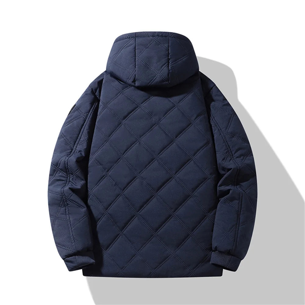 Winter Windproof Thermal Diamond-Pattern Fleece-Lined Thickened Cotton Coat Business Casual Hooded Jacket Fashionable Menswear