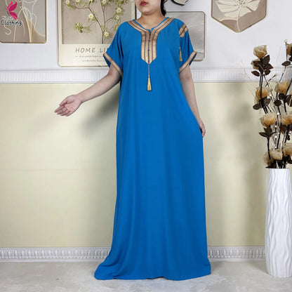 2025 Muslim Caftan Short Sleeve Dress Solid Cotton Summer Abaya African Traditional Dresses Islam for Women Casual Clothing.