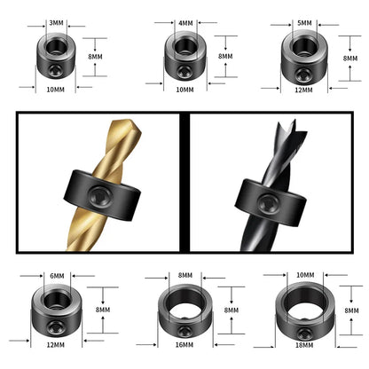 1/4 Sechskantgriff Dreizackiger Holzbearbeitungsbohrer und Tiefenanschlag-Positionierer Ring-Set Holzbearbeitungsloch Reiben Elektrowerkzeug