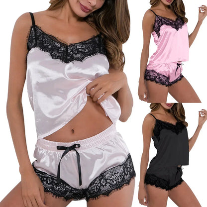 Sommer-Pyjama für Damen, sexy ärmelloses Pyjama-Set, Spitze, Hosenträger-Shorts, Homewear, zweiteiliges Set, romantische sexy Nachtwäsche.
