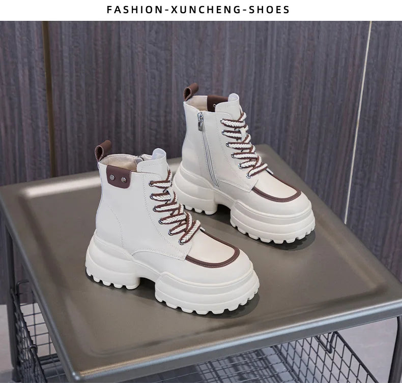 WOIZGIC Women Ladies Mother Genuine Leather Ankle Boots Shoes Lace Up Increase Inside British Style Autumn Winter Plush Fur Warm.