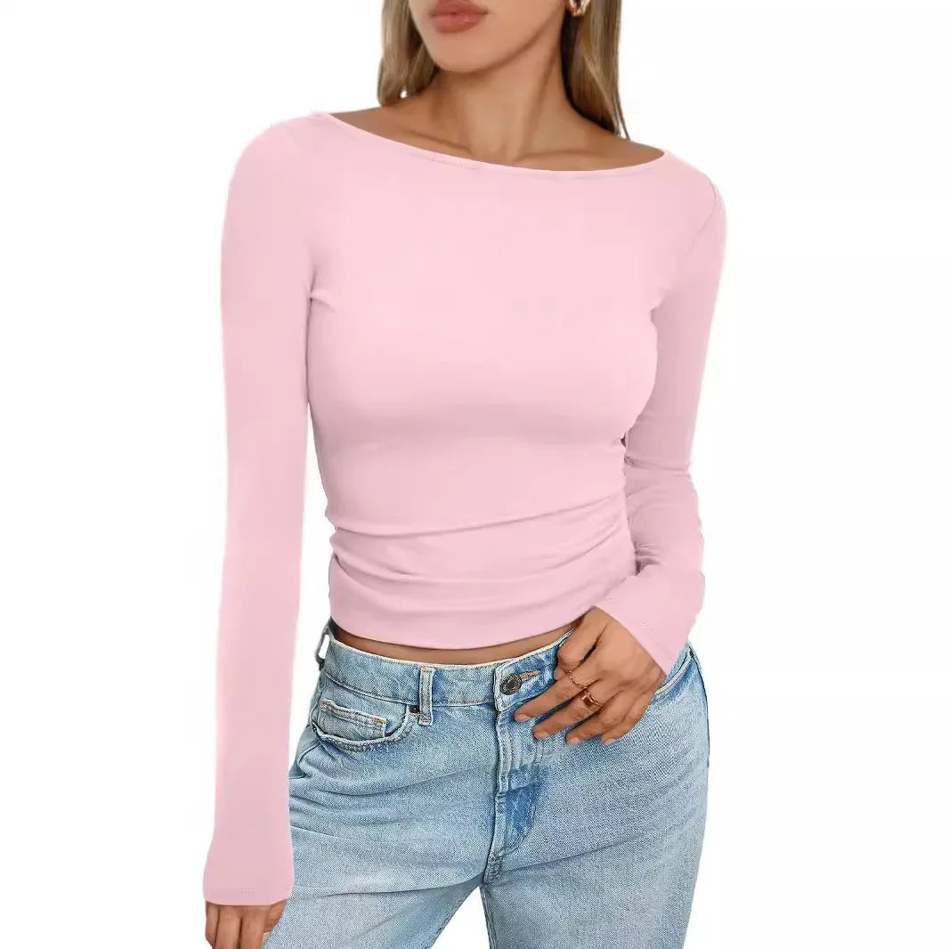 Summer Spring Slim-fitting Women's Clothing New One-neck Long-sleeved T-shirt Blouse Top Skinny Solid Color Tee.
