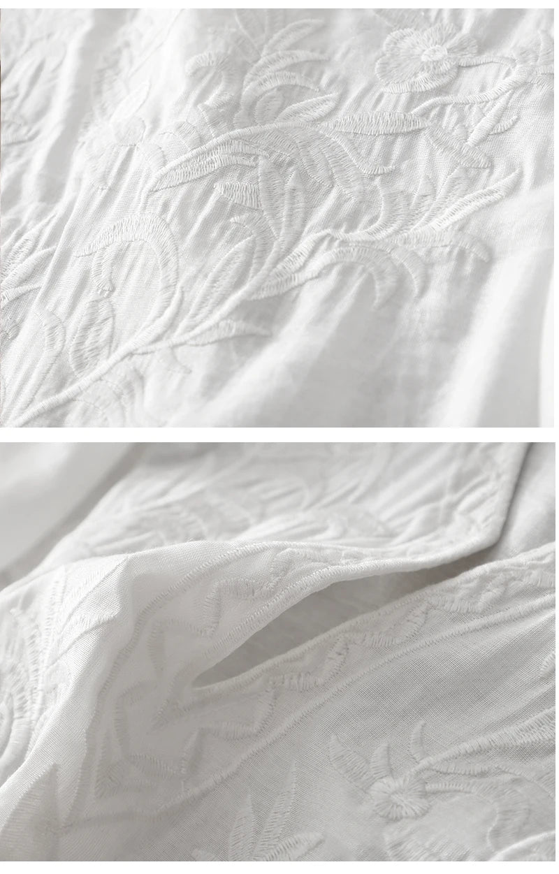 Neuankömmling 2024 Sommer Kunst Stil Frauen Kurzarm V-Ausschnitt lockeres Kleid Vintage Stickerei solide weiße A-Linie lange Kleider.