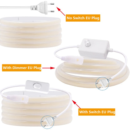 220V Dimmable COB LED Neon Strip Light Dimmer Switch Plug Kit Waterproof 288 LED Flex Tube Lamp Hight Bright Warm/Natural White.