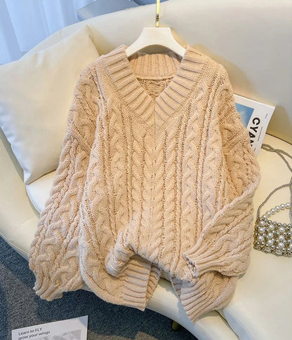 MEXZT Harajuku Pullover Frauen Mode Übergroßen Rosa V-ausschnitt Gestrickte Pullover Koreanische Langarm Strickwaren Winter Casual Jumper