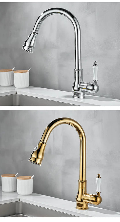 Antique Brass Kitchen Faucet Pull Out Spout Kitchen Faucets Black Single Hole Swivel Hot Cold Water Kitchen Mixers Taps