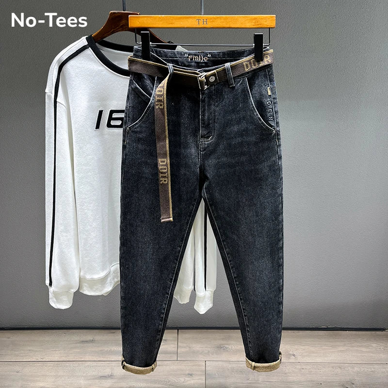 Tapered Jeans for Men's Clothing Autumn New Fashion Embroidered Korean Harem Pants Casual Stretch Black Denim Trousers