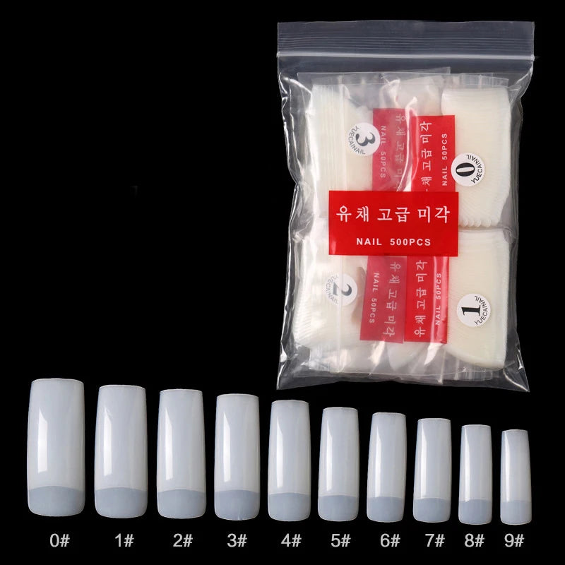 Set of 500 Natural Clear Full Cover False Nails and French Half Tips for Nail Art Manicure 10 Sizes.