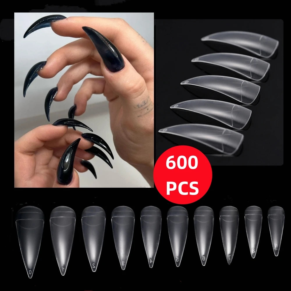 600Pcs Extra Long Hawk Curved Nail Tips Half Cover Eagle Claw Curve False Nails Extension 10 Sizes Bag Packaging for Art Salon *.