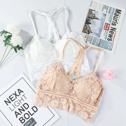 Women White Crop Tops Lace Print Camisole Sexy Hollow Backless Bra Removable Chest Pad Bralette Solid Beauty Back Tank Top.