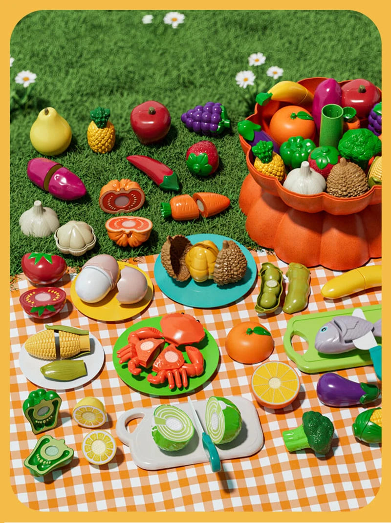Kid Pretend Play Kitchen Toy Set Simulation Cut Fruit Vegetables Sensory Game Make Pizza Food Cook Girl Interactive Education To.