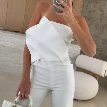 Soft Breathable Jumpsuit Elegant Women's Strapless Jumpsuit Stylish Off Shoulder Romper with High Waist Wide Leg Chic for Women.