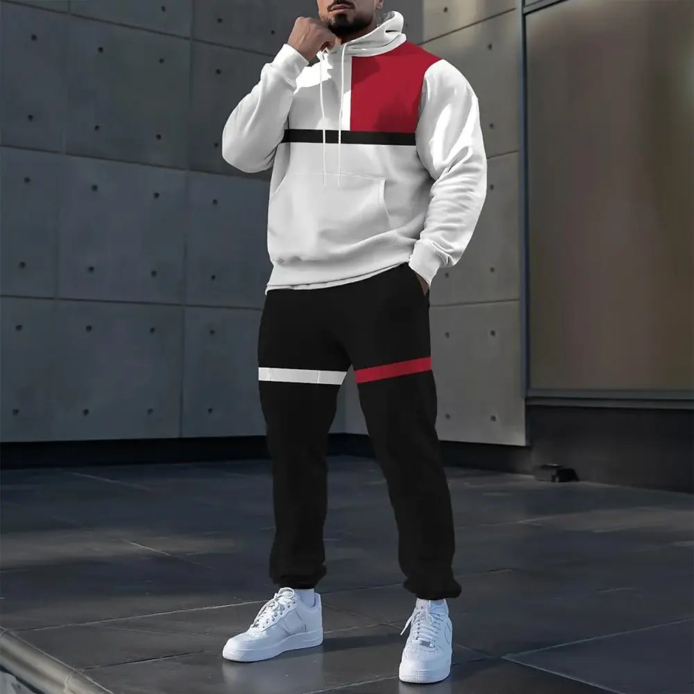 Simple Stripe Print Men's Hoodies Sets Autumn Winter Casual Sweatshirt Pants 2 Piece Fashion Tracksuits Outdoor Street Clothing.