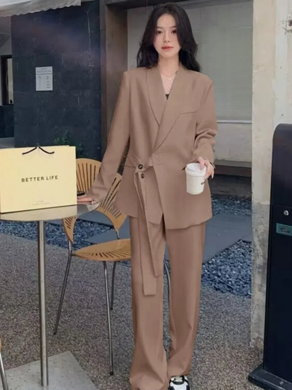 Women's Fashion Office Suit Set Casual Oversized Blazer And Wide Leg Pants Two-Piece Long Sleeve Top Bottoms Combo.
