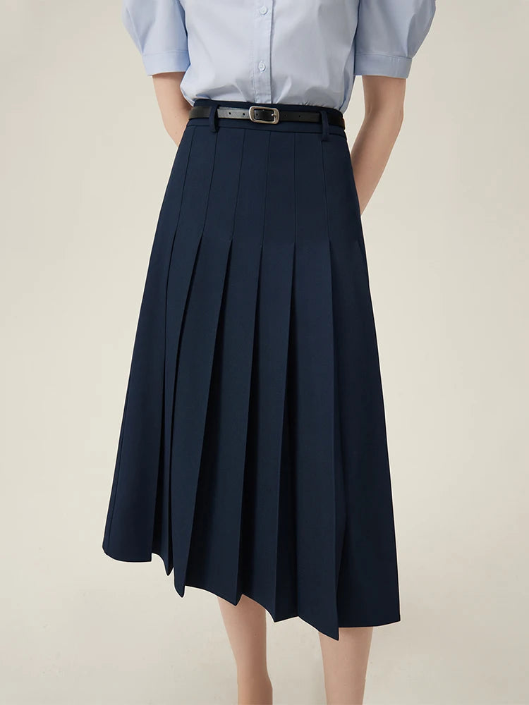 FSLE 2025 New Arrival Women Zipper Waist Office Lady Elegant Grey Skirt Pleated Design Navy Blue Color Long Skirt Daily Outfits.