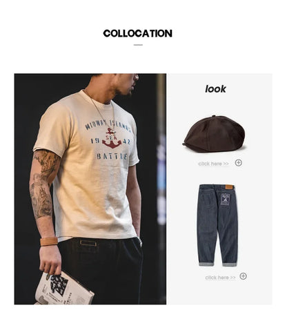 Maden Vintage Letter Print Cotton Short Sleeve T-Shirt Men's Summer Loose Fit Ribbed Crew Neck Tee Casual Street Tops for Daily.