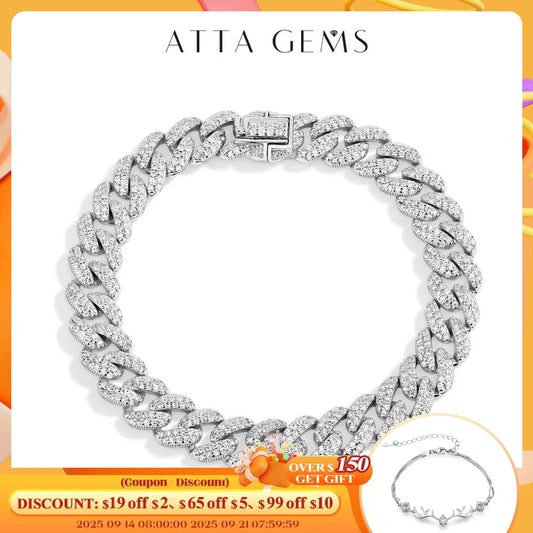 ATTAGEMS DVVS1 Full Moissanite Cuba Chain for Man Women 925 Sterling Silver 18k Gold Plated Hip Hop Tennis Bracelet Fine Jewelry.