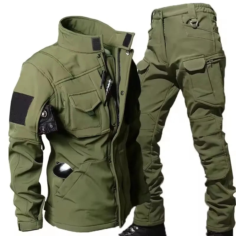 Waterproof Shark Skin Tactical Sets Mens Thicken Fleece New Soft Shell Combat Jackets+windproof Warm Cargo Pant 2 Piece Set.