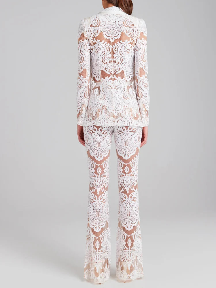 VC Pant Sets Women Fashion Sexy Hollow Out Tight Long Sleeves Blazer And Trousers Suit Mesh Outfits.