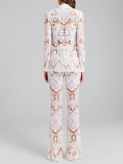 VC Pant Sets Women Fashion Sexy Hollow Out Tight Long Sleeves Blazer And Trousers Suit Mesh Outfits.