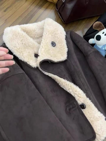 Dicke Lamm Warme Jacke für Frauen Winter Mode Doppelseitige Tragen Warme Pelz Mäntel Bf Koreanische Lose Einreiher Revers outwear