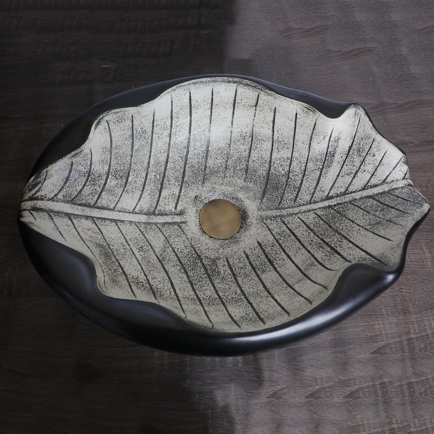 KEMAIDI Art Keramik-Badezimmerwaschbecken-Set, Waschbecken im Blatt-Stil mit Wasserfall, Antik-Messing-Wasserhahn und Abfluss, hochwertige Waschbecken aus Porzellan