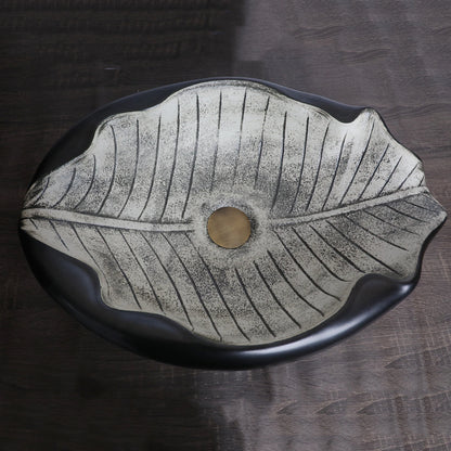 KEMAIDI Art Keramik-Badezimmerwaschbecken-Set, Waschbecken im Blatt-Stil mit Wasserfall, Antik-Messing-Wasserhahn und Abfluss, hochwertige Waschbecken aus Porzellan