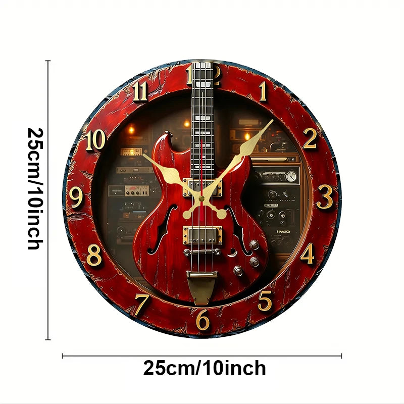 Vintage Gitarren-Wanduhr aus Holz, rund, geräuschlos, zum Aufhängen, geeignet für Wohnzimmer, Büro, Arbeitszimmer, Schlafzimmer, Heimdekoration