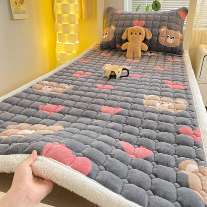 Cartoon Printed Warm Bed Mattress Super Soft Cozy Milk Velvet Single Bedding Protector Thick Tatami Mats for Autumn and Winter