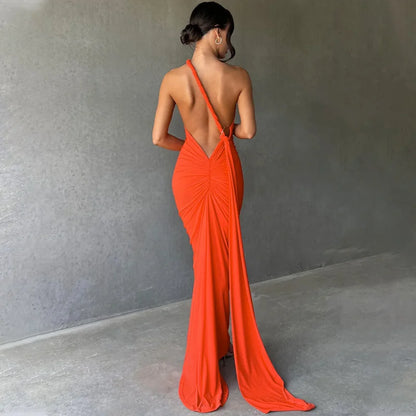 Mozision Schräge Schulter Backless Maxi Kleid Für Frauen Kleid Sommer Zurück Strap Ärmellose Geraffte Party Sexy Langes Kleid Vestidos