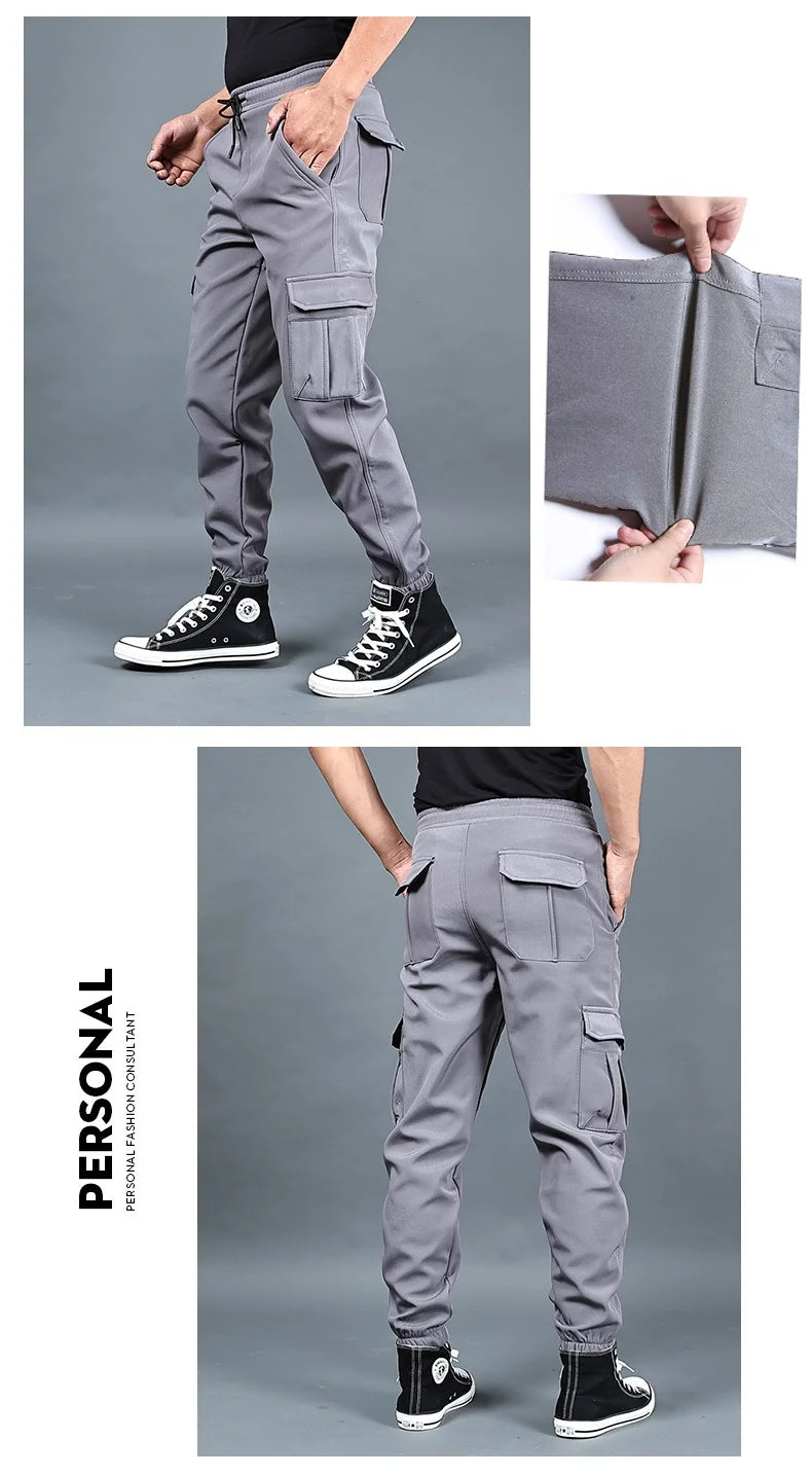 Autumn and winter loose ankle multi pocket work pants for men, winter oversized sports pants, trendy brand with plush and thick.