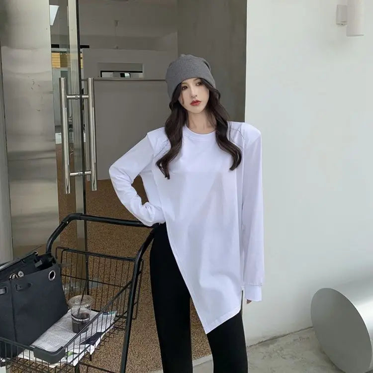Long Sleeve Slit Hem Loose Lazy Style Tops Spring Autumn Solid Simplicity Street Casual T Shirts Fashion Korean Women Clothing.