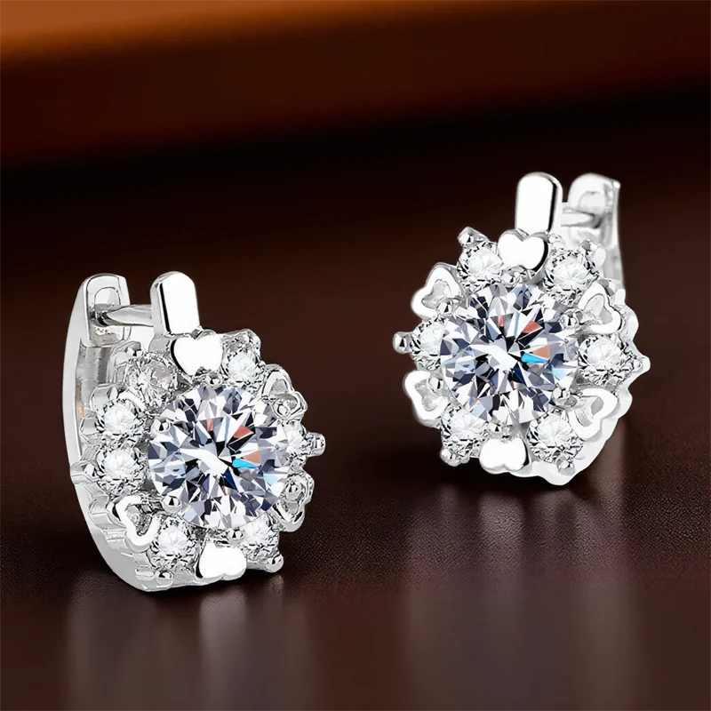 Luxury Crystal Round Stone Snowflake Hoop Earrings For Women Gold Silver Color White Zircon Tiny Ear Buckle Wedding Jewelry Gift.