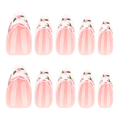 3D Flowers Gold Bead Lace White Daisy Bowknot Long Pointed Fake Nails Art Almond False Nails Press on Nails Charms Manicure Tool.