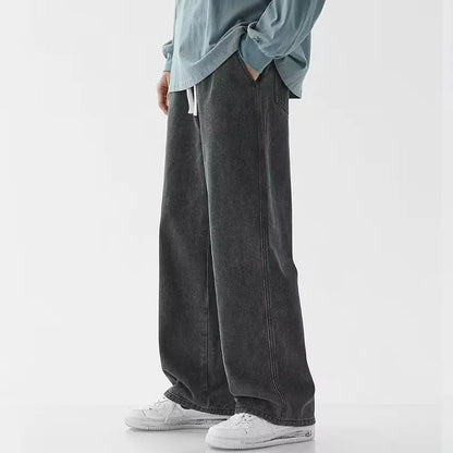2025 New Korean Men's Casual Long Jeans Classic Man Straight Denim Wide-leg Pants Gyms Solid Color Light Blue Grey Black M-3XL.