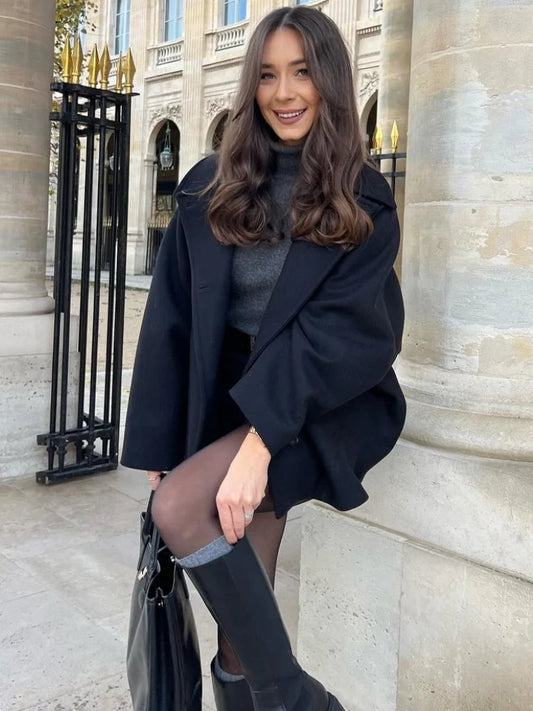 ZBZA Damen Schräge Knopf Lose Fledermausärmel Jacke Mantel Revers Langarm Doppeltasche Warm Solide Farbe Vintage Oberbekleidung Herbst Winter Neue Weibliche Chic Mantel.