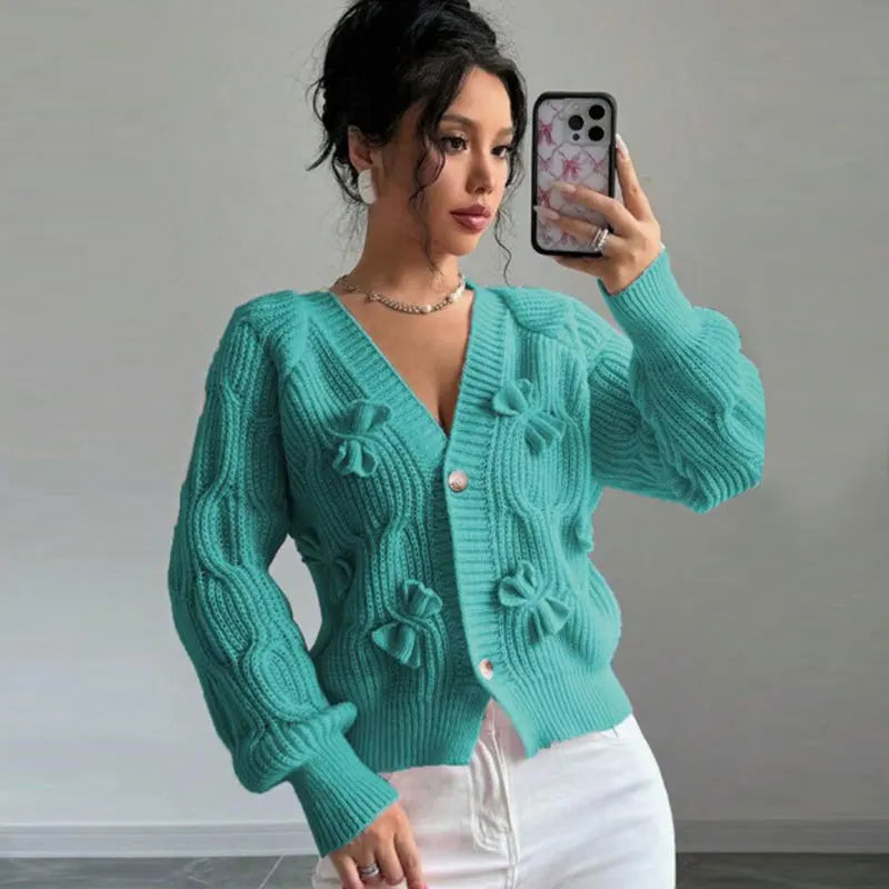 2025 Autumn And Winter Solid Color Long-sleeved Bow Knit Cardigan Jacket New Women's Elegant V-neck Button Versatile Sweater Top