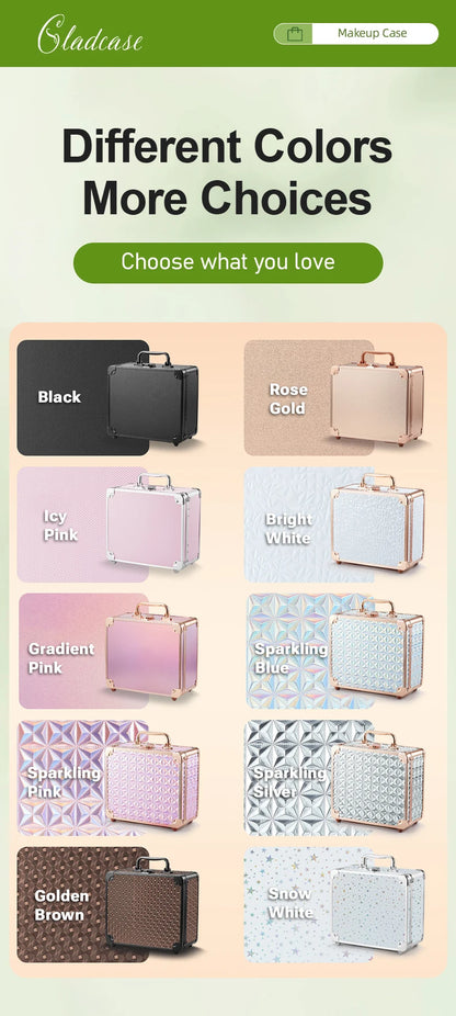 GLADCASE 2025 Portable Makeup Case with adjustable LED light Mirror carry Cosmetic Box Organizer train Beauty for dailry travel.
