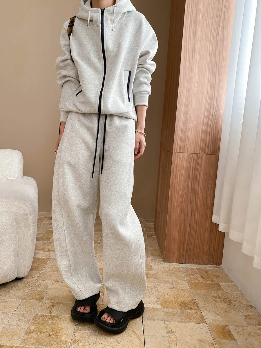 Spring and Autumn Women's Casual Solid Color Loose Hooded Sweatshirt+High Waist Loose Pants Set.