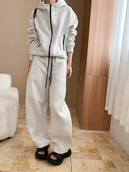 Spring and Autumn Women's Casual Solid Color Loose Hooded Sweatshirt+High Waist Loose Pants Set.