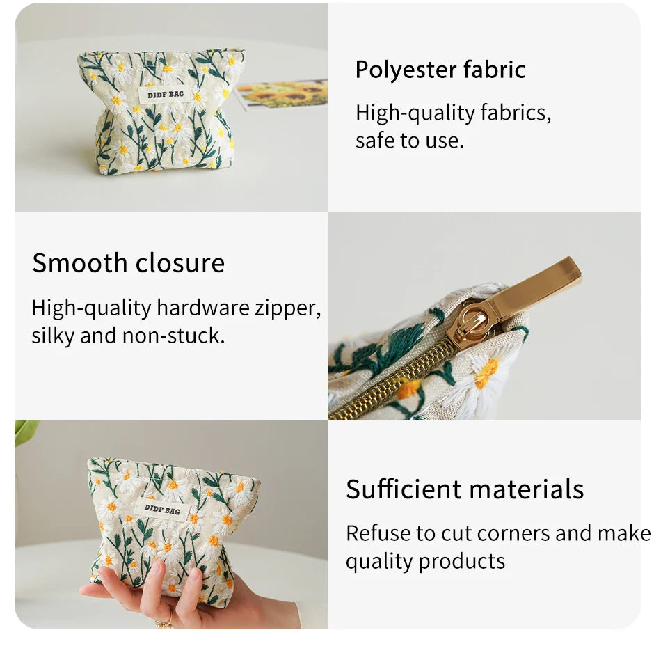 White Embroidery Daisy Women's Makeup Bag Portable Coin Purse Key Case Cosmetics Lipstick Storage Bag Commuter Liner Bag Ins.