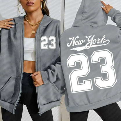 New York Number 23 Art Letter Printing Women Zipper Hoodie Fashion Hoodies Fleece Sportswears Autumn Casual Female Hoody