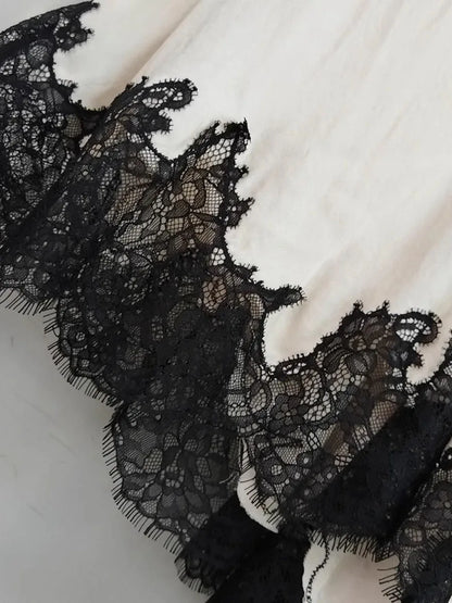 GALCAUR Hit Color Sheer Spliced Lace Elegant Skirts for Women High Waist Patchwork Split Temperament Skirt Female Fashion Style.