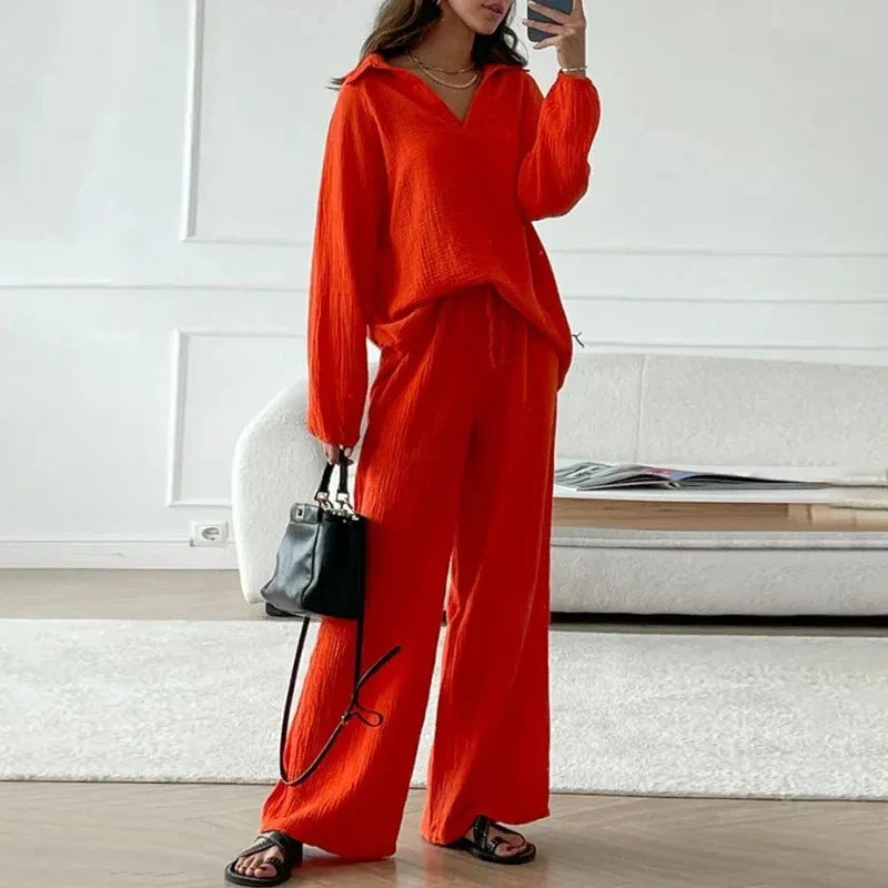 Women's Suit Solid Color Casual Loose 2025 Elegant Spring And Summer Fashion New Long-sleeved Lapel Top + Drawstring Pants Suit.