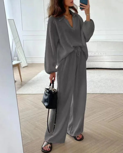 Women's Suit Solid Color Casual Loose 2025 Elegant Spring And Summer Fashion New Long-sleeved Lapel Top + Drawstring Pants Suit
