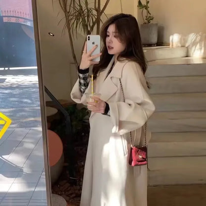 Mode Schwarz Lange Woolen Mantel Mit Gürtel Frauen Lose Revers Mantel Herbst Winter Warme Dame Oberbekleidung High Street