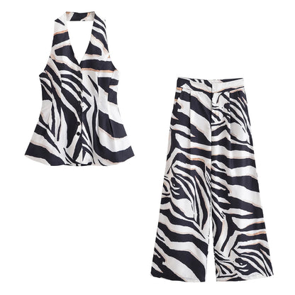 HH Women Pants Suit Fashion Zebra Stripes Single Breasted Sexy Sleeveless V-Neck Top+High Waist Zipper Casual Wide Leg Pants