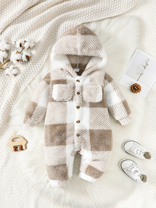 Baby-Strampler für Jungen und Mädchen, kariert, mit Kapuze, langärmelig, Plüsch-Overall, Winter, warmer Body, Kleidung für Kleinkinder im Alter von 3–24 Monaten