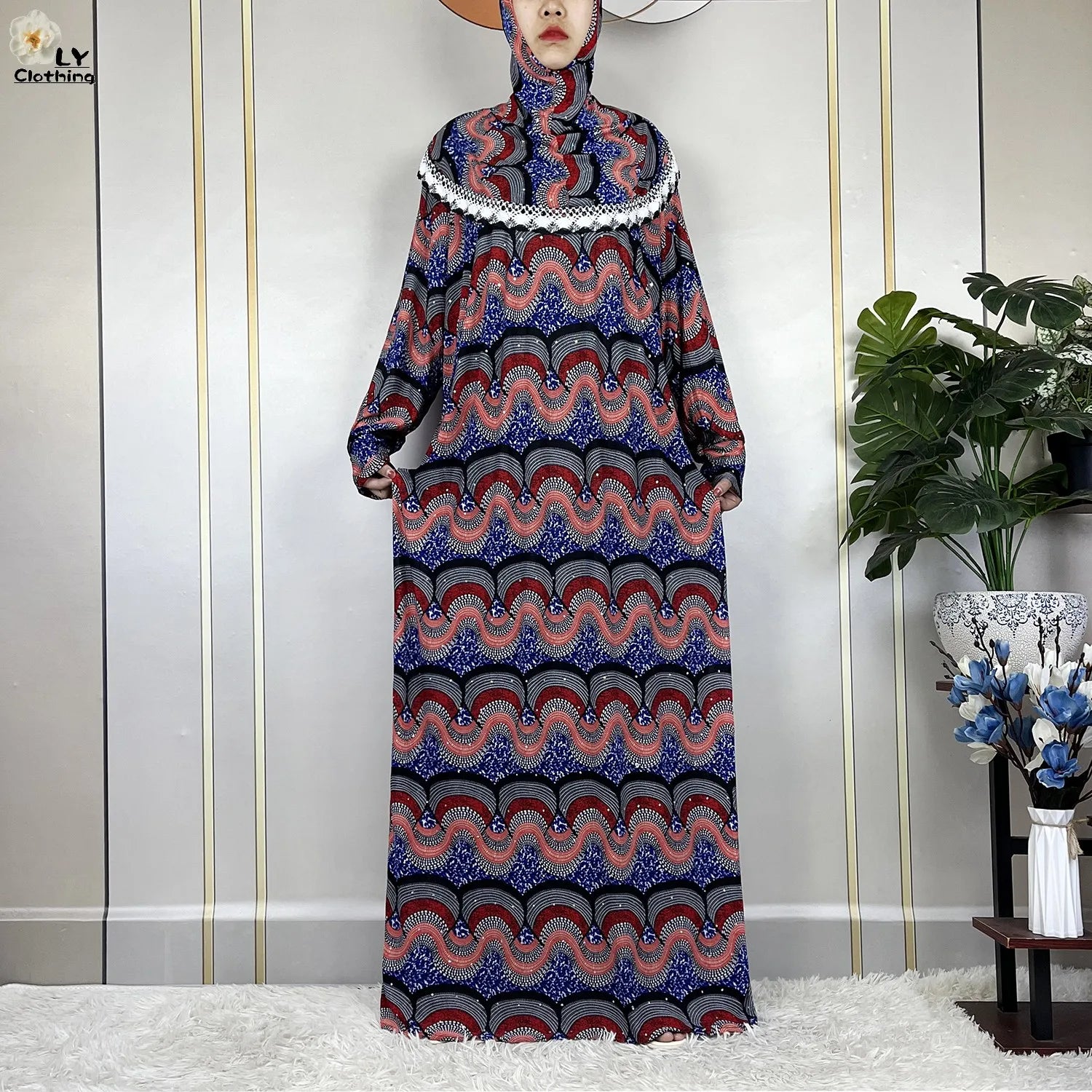 Muslim Ramadan Prayer For Women Long Sleeved Floral 2023Dubai Turkey Middle East Femme Loose Robe African Abayas Headscarf Dress.